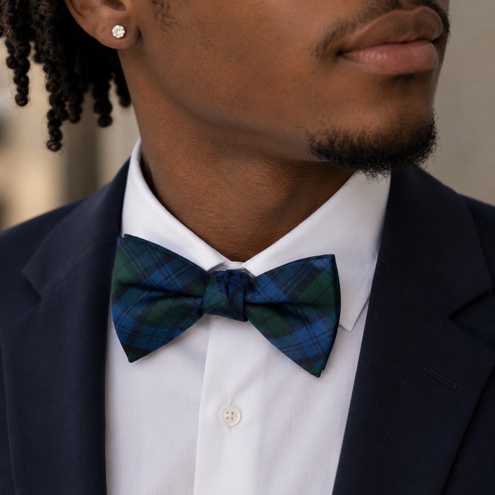 Tommy Hilfiger Mens Silk Bow Tie Blue Green Black Watch Plaid Adjustable Neck